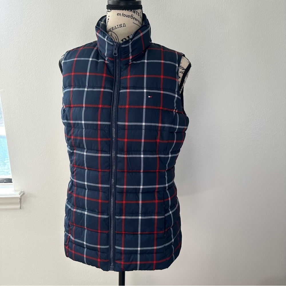 Tommy Hilfiger Quilted Down Fill Plaid Puffer Vest Womens Small Blue Red White